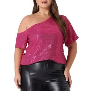 Plus Size Sequin One Shoulder Short Sleeve Sparkly Metallic Blouses Hot Pink
